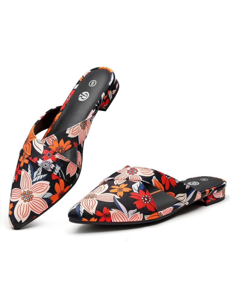 Women's Floral Closed Pointed Toe Pull On Backless Soft Suede Mules Flats